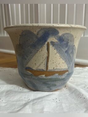 Studio Pottery Sailboat Planter Coastal Nautical Speckled Ceramic Art Pottery